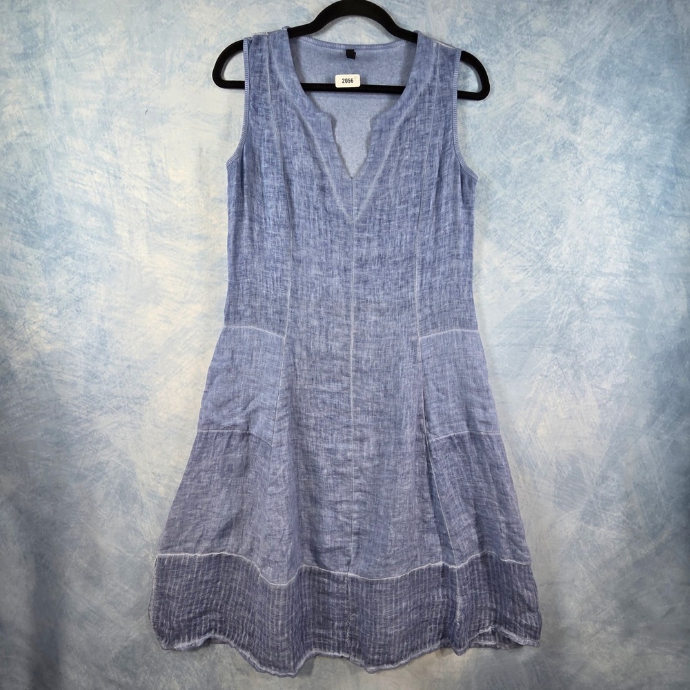 Inizio Italy Blue Linen Sleeveless Midi Dress V-Neck Tiered Paneled Small